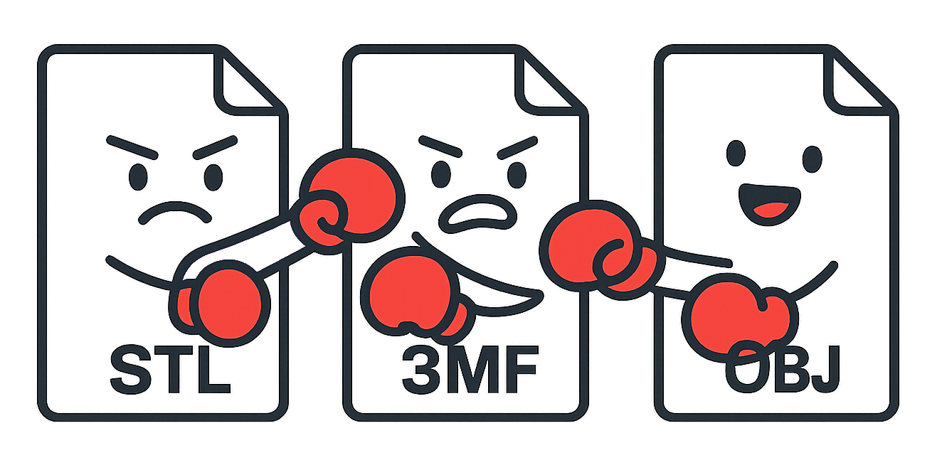 STL, 3MF, and OBJ file format comparison illustration showing three document icons with boxing gloves representing the different 3D file formats